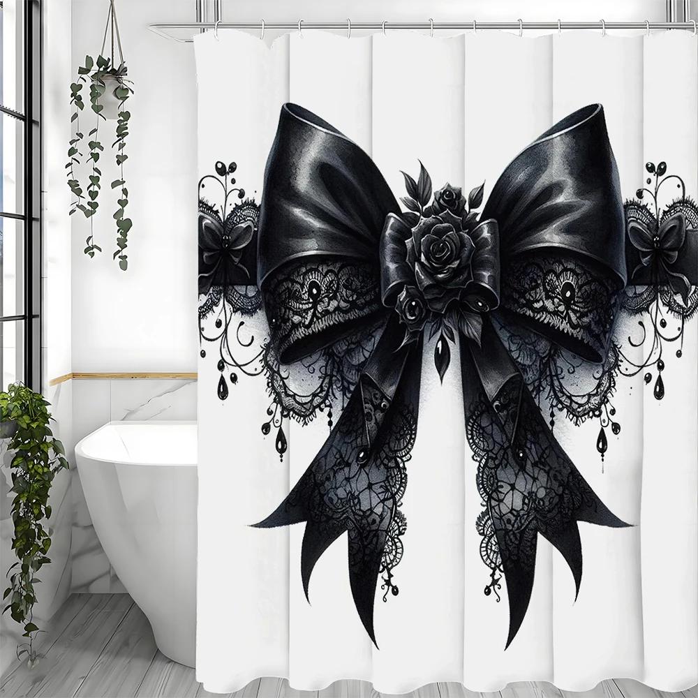 Black Bow Floral Shower Curtain, Bathroom Decorative Shower Curtain, Waterproof Shower Curtain With Hooks