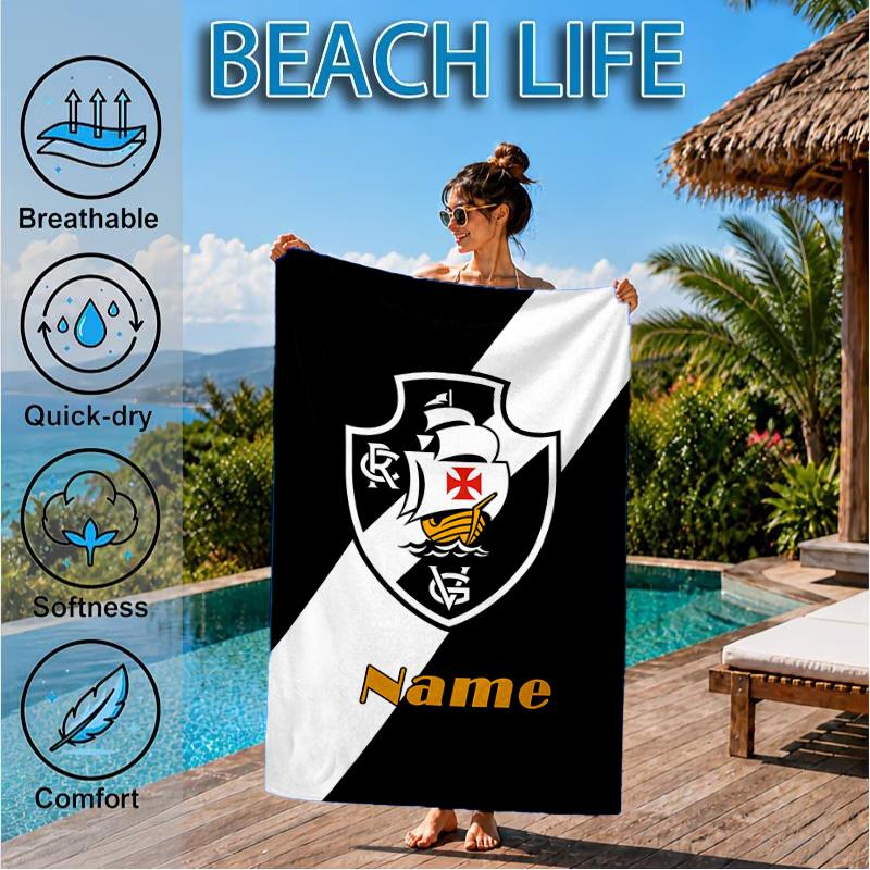 Custom Name Beach Towel Vasco Football Crest Emblem Microfiber Beach Towel, Lightweight for Summer Travel, Swimming Pool Fan Birthday Gift