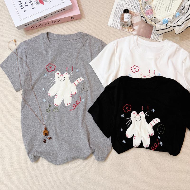 Women s 2026 Cat Embroidered Loose Short Sleeve T-shirt - Korean Summer Style Large
