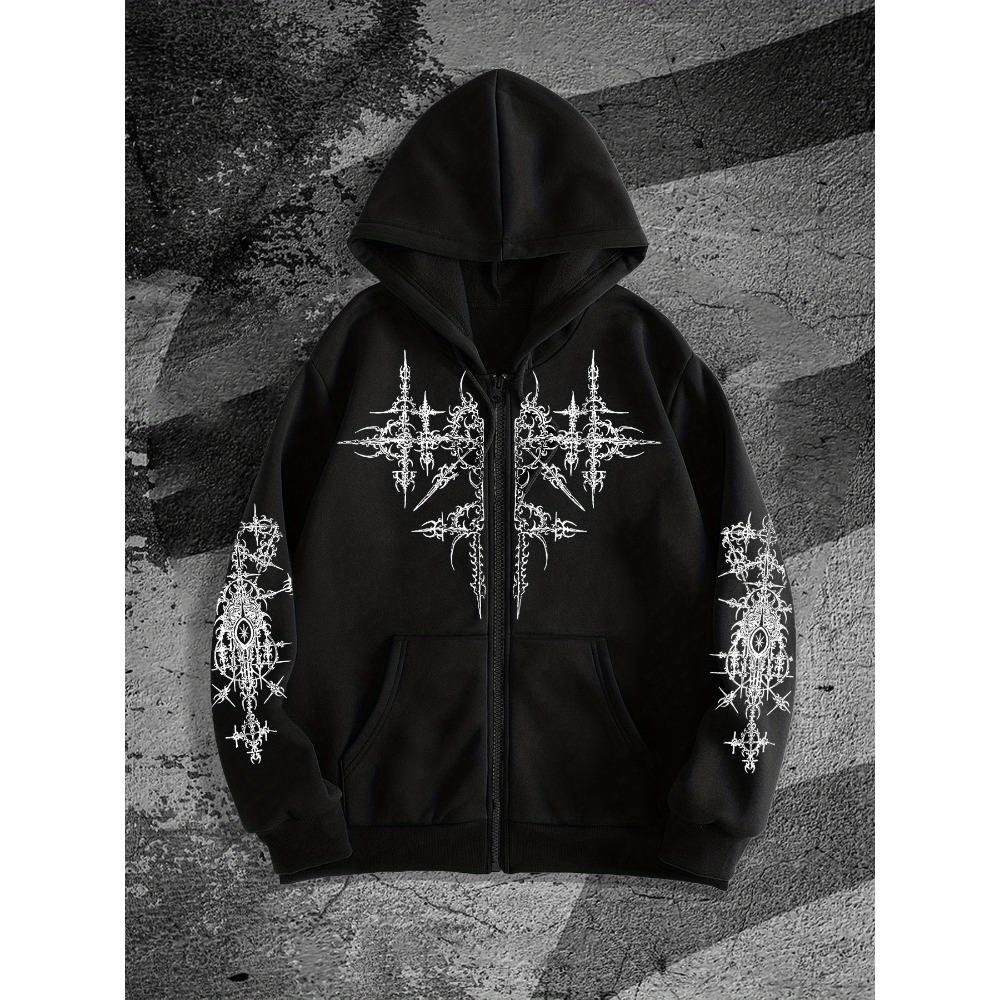 Herren Gothic Bedruckter Kapuzen-Trenchcoat Jacke, Lässiges Reißverschluss-Kapuzensweatshirt mit geometrischem Muster