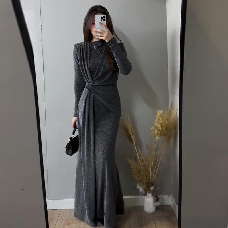 Nuovo Abito Sexy alla Moda Monocolore Slim Fit con Vita Plissettata e Scollo Rotondo