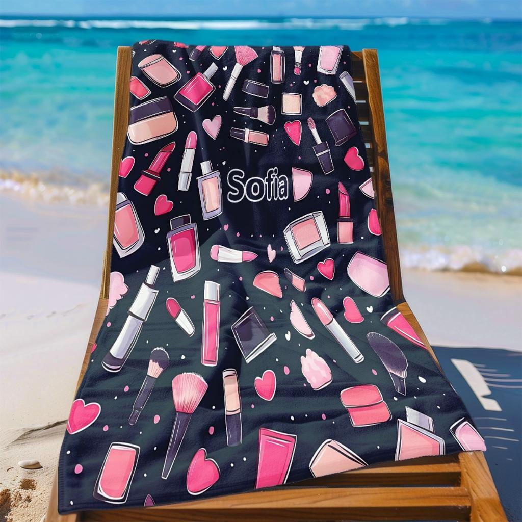 Custom Makeup Beach Towel Personalized Name Sofia Cosmetics Microfiber Bath Towels Soft Quick Dry Swimming Pool Lounger
