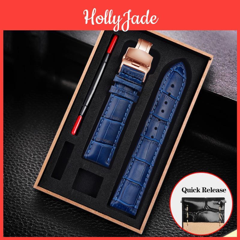 Watchband Blue Black Cowhide Leather Strap Butterfly Buckle Fits All Brands Of Watches Men Women 121415161819202223mm