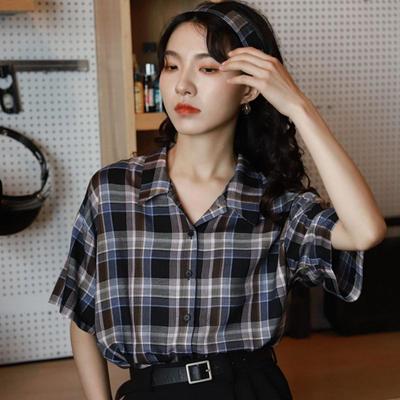Short Sleeved Checkered Shirts for Women Summer Retro Versatile New Tops Loose Single Breasted Lapel Female's Blouses