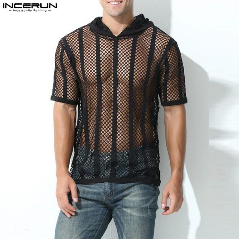 

INCERUN Мужские прозрачные полые топы с короткими рукавами