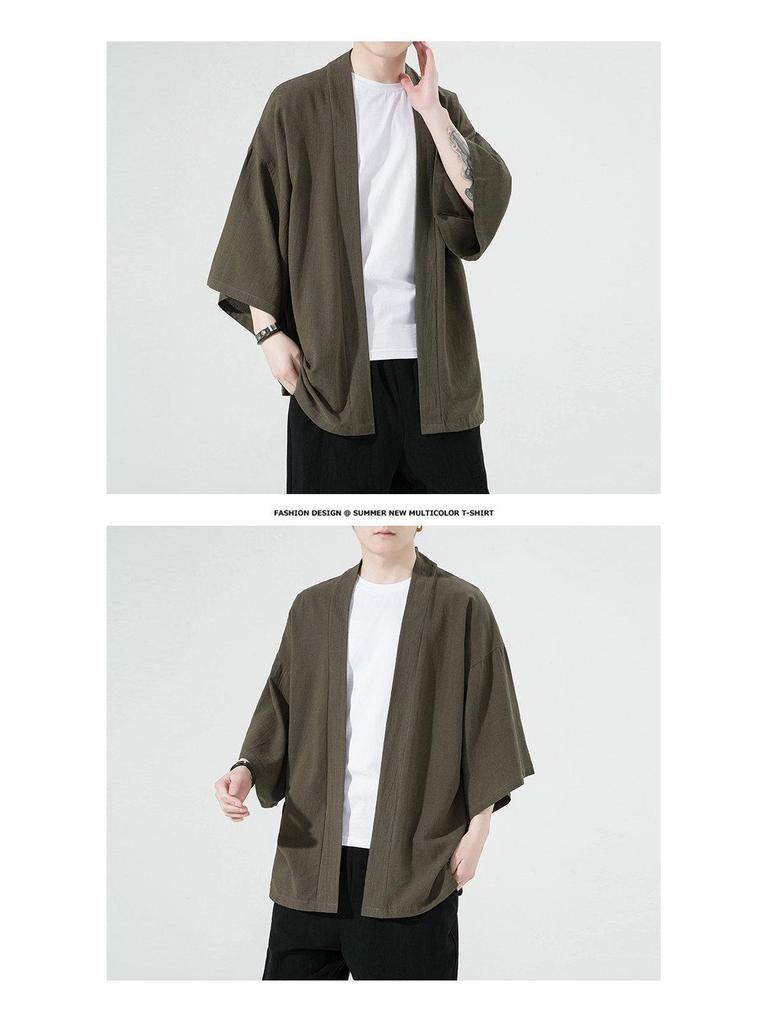 2023 Summer Men's Loose Solid Color Seven-Sleeve Cardigan - Casual Chinese Style, Plus Size