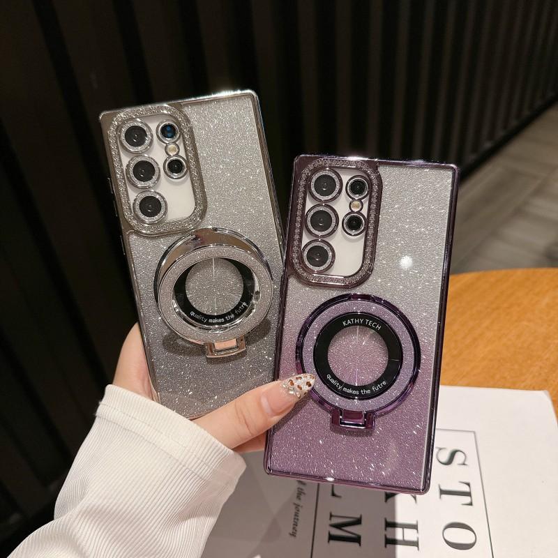 Luxury Magnetic Plating Stand Shockproof  Case For Samsung Galaxy S25 S24 S23 S22 Ultra Plus S24 FE Glitter Diamond BacK Cover