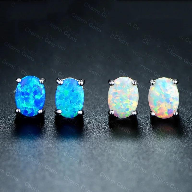 New Cute Female Blue Fire Opal Stud Earrings Boho copper Color Wedding Jewelry Small Round Double Earrings for Women Girls