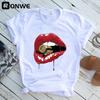 Women Funny Lips White Print T Shirt Girl Harajuku 90S Clothes Female Summer Tops Tee Drop