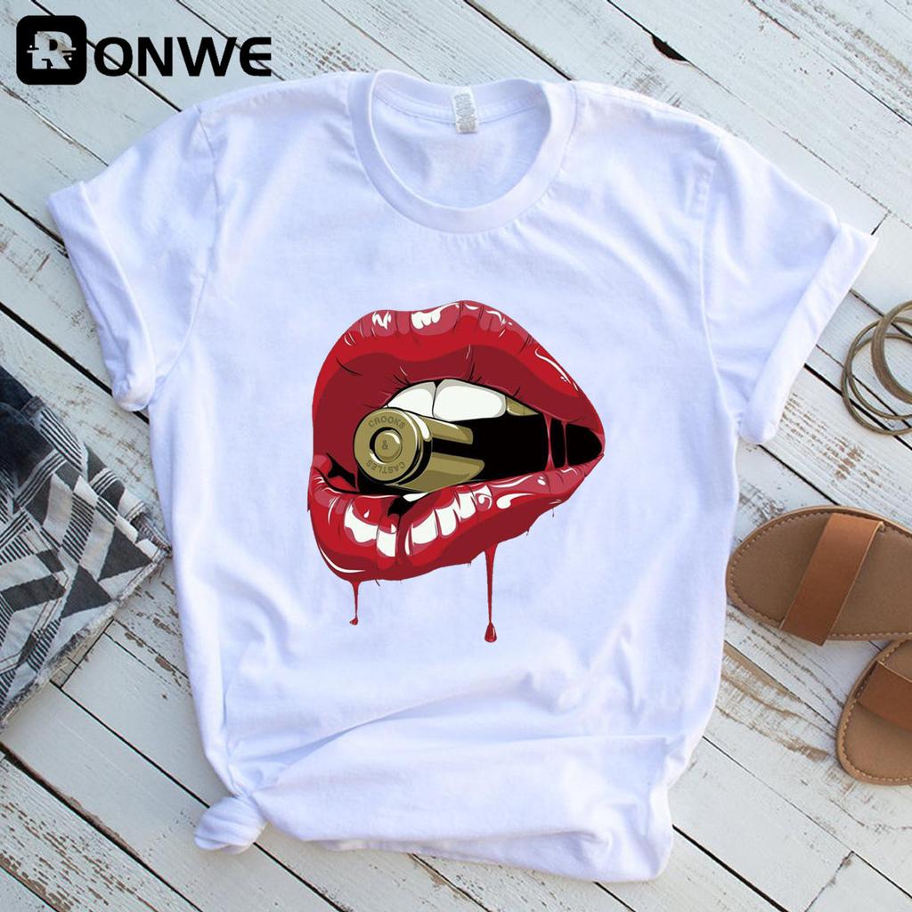 Women Funny Lips White Print T Shirt Girl Harajuku 90S Clothes Female Summer Tops Tee Drop