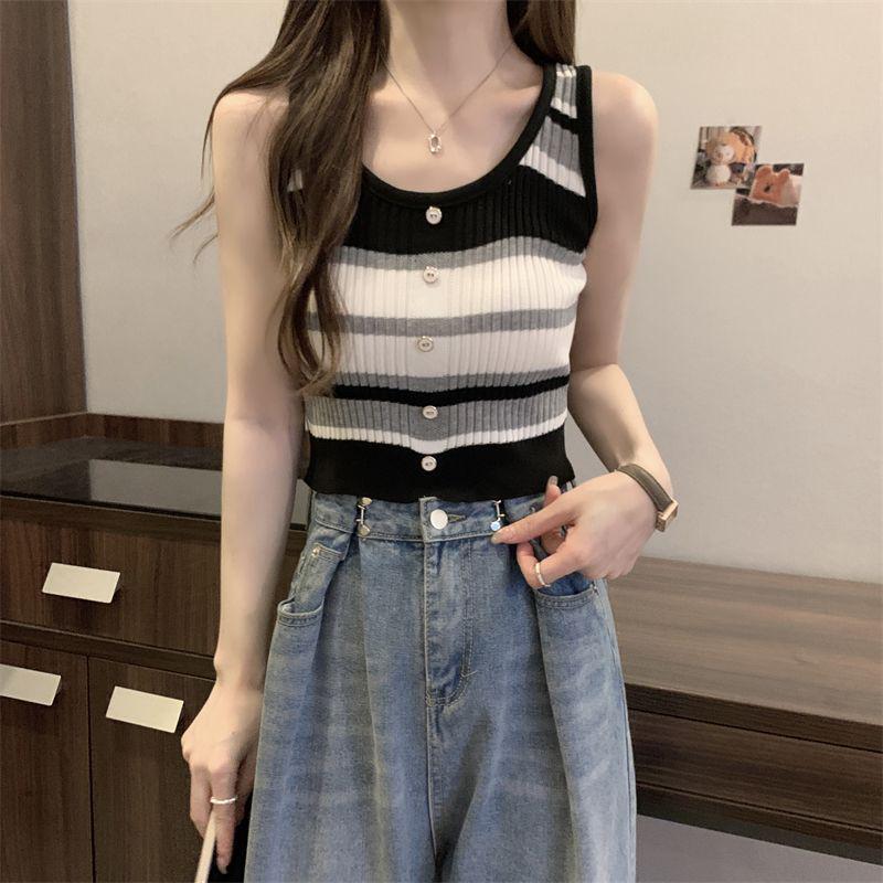 Женский ретро-топ-майка в полоску, облегающий, из тонкого трикотажа - Эффектный летний дизайн S 80-90 чёрный