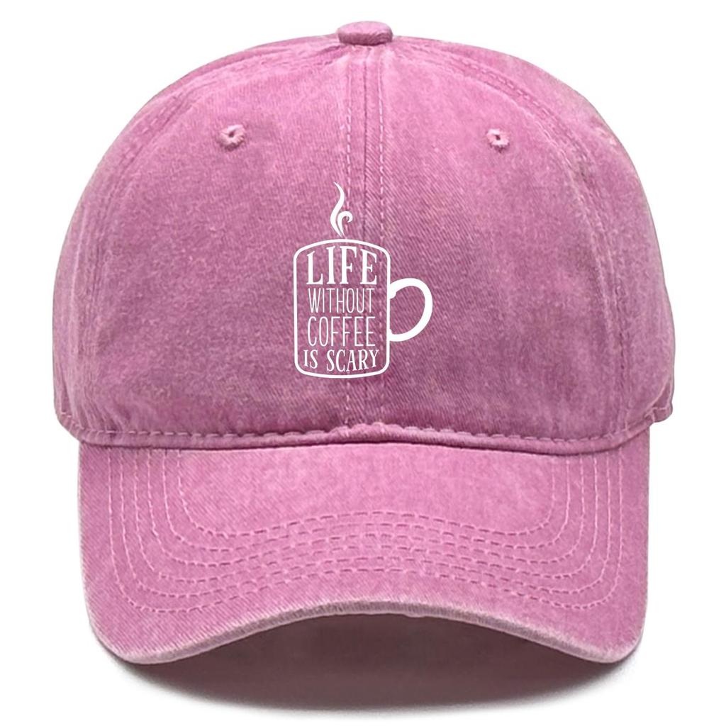 LIFE WITHOUT COFFEE IS SCARY" Print Adjustable Baseball Cap, Flat Cap Breathable Headwear Curved Brim Inelastic Snapback Baseball Hat