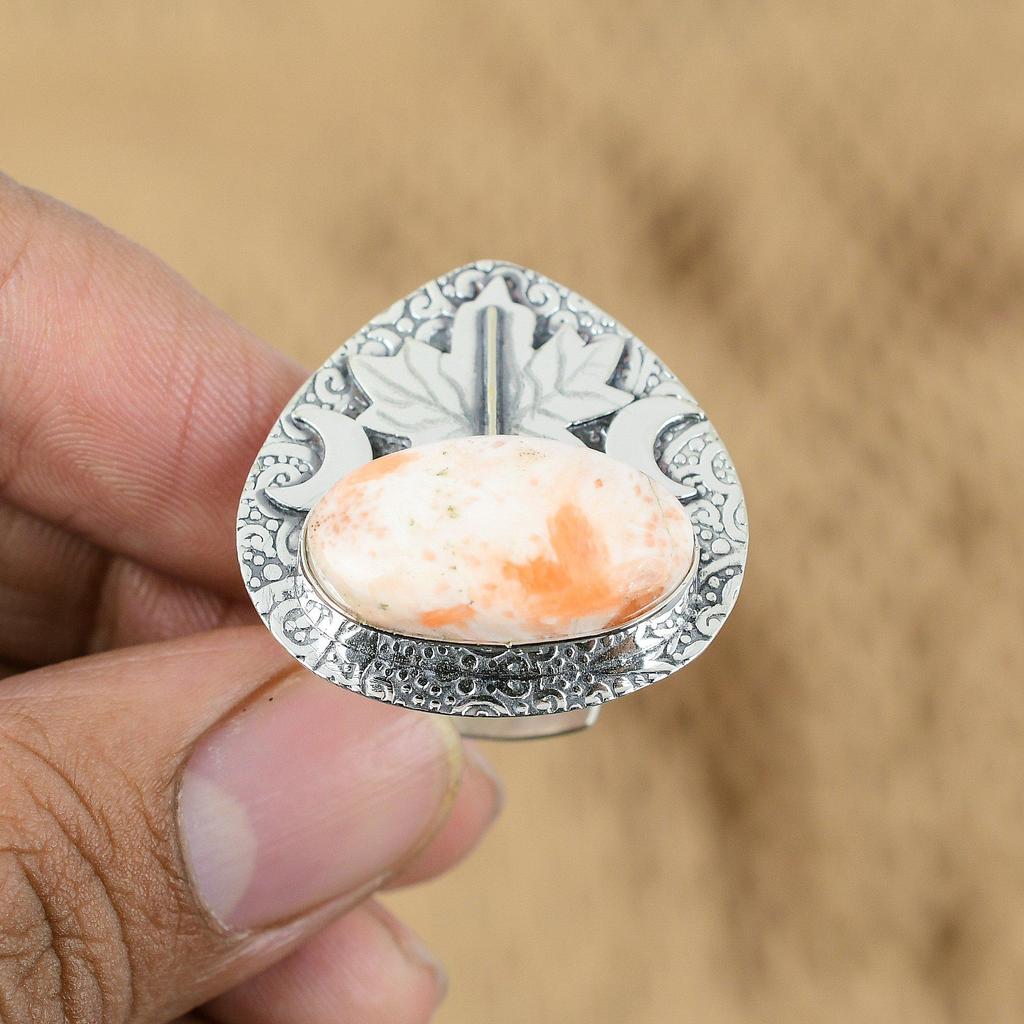 Natural Scolecite Gemstone Promise Cresent Moon Adjustable Ring 925 Silver