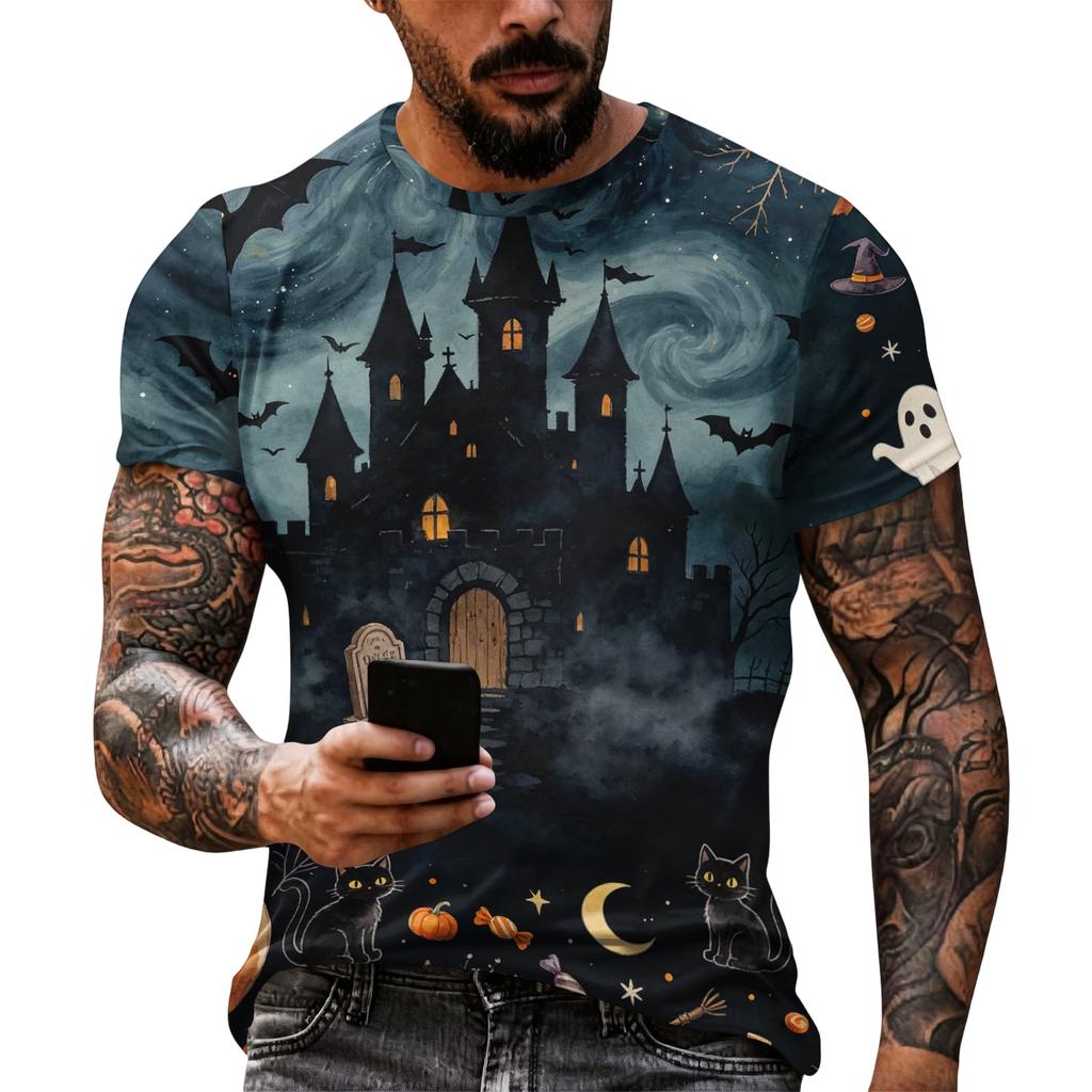 Men's Halloween Print Short Sleeve T Shirt Loose Casual Summer Daily Top Crew Neck Comfortable Fit for Outdoor Indoor Wear