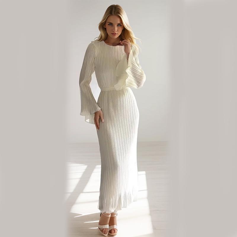 

2024 весна/лето, большое женское однотонное платье с длинными рукавами, сексуальное и элегантное плиссированное платье с расклешенными рукавами, средней длины с круглым вырезом