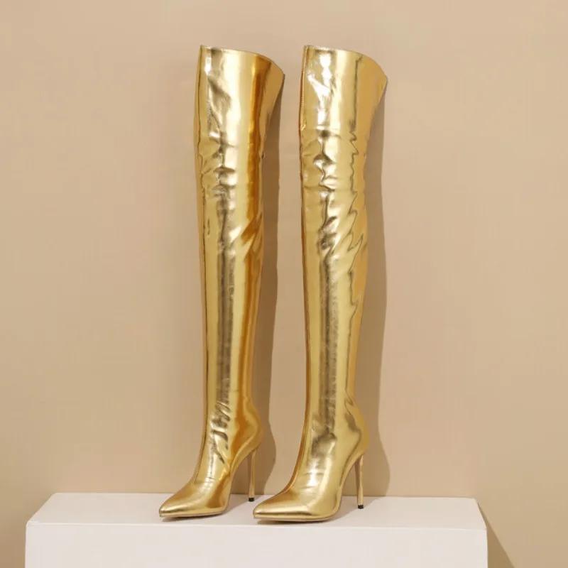 Sexy Silver Gold Rear Zipper Over Knee Boots Women's Pointed High Heels European and American Fashion Long Boots Big Size