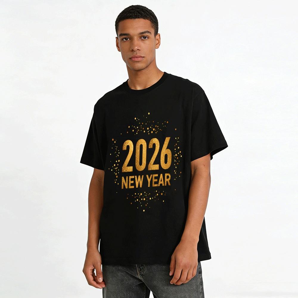 2026 New Year Theme Gold Glitter Print Casual Versatile Top Pure Cotton T-shirt