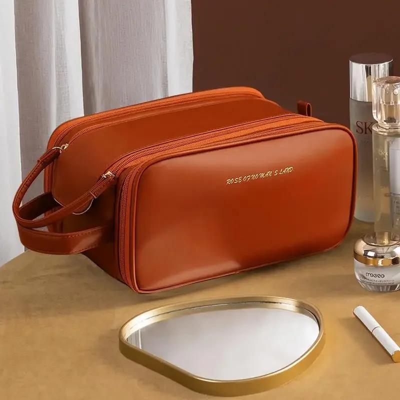 Portable Women's Makeup Bag PU Leather Luxury Cosmetics Storage Organizer Travel Essentials Double Zipper Toiletries Bag