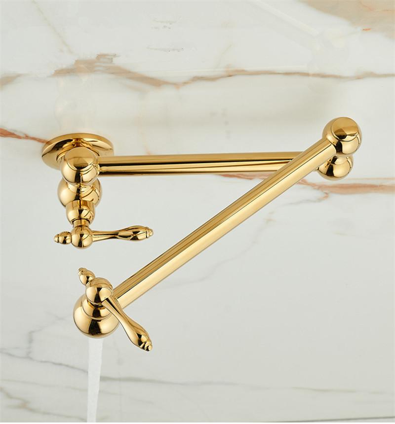 Złoty kran do napełniania garnków, montowany na ścianie, składany, antyczny kran kuchenny, pojedynczy zimny kran do zlewu, obrotowa składana wylewka, szczotkowany złoty mosiądz