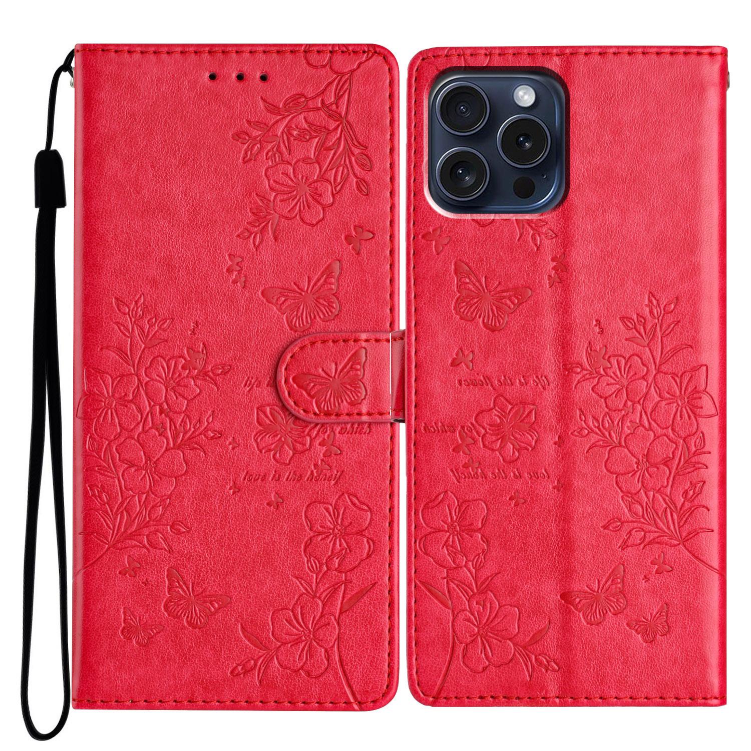 

For iPhone 13 Pro Wallet Case Butterfly Floral Imprint Leather Phone Cover with Stand Red