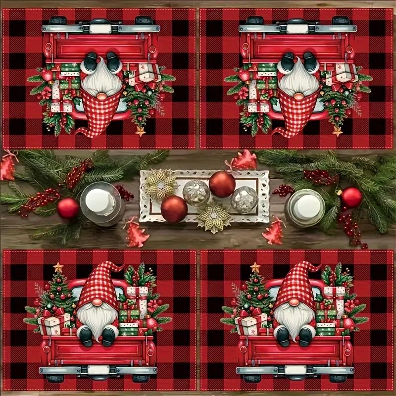 4/6pcs Christmas Plaid Gnome Truck Red Black Plaid Santa Claus Placemats Everyday Holiday Decor for Home Kitchen Restaurant