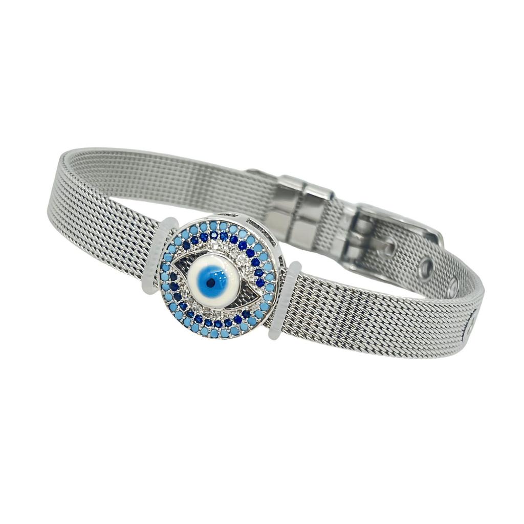 Stainless Steel Watch Band with Devil's Eye Zircon Bracelet - Stylish European and American Fashion Jewelry