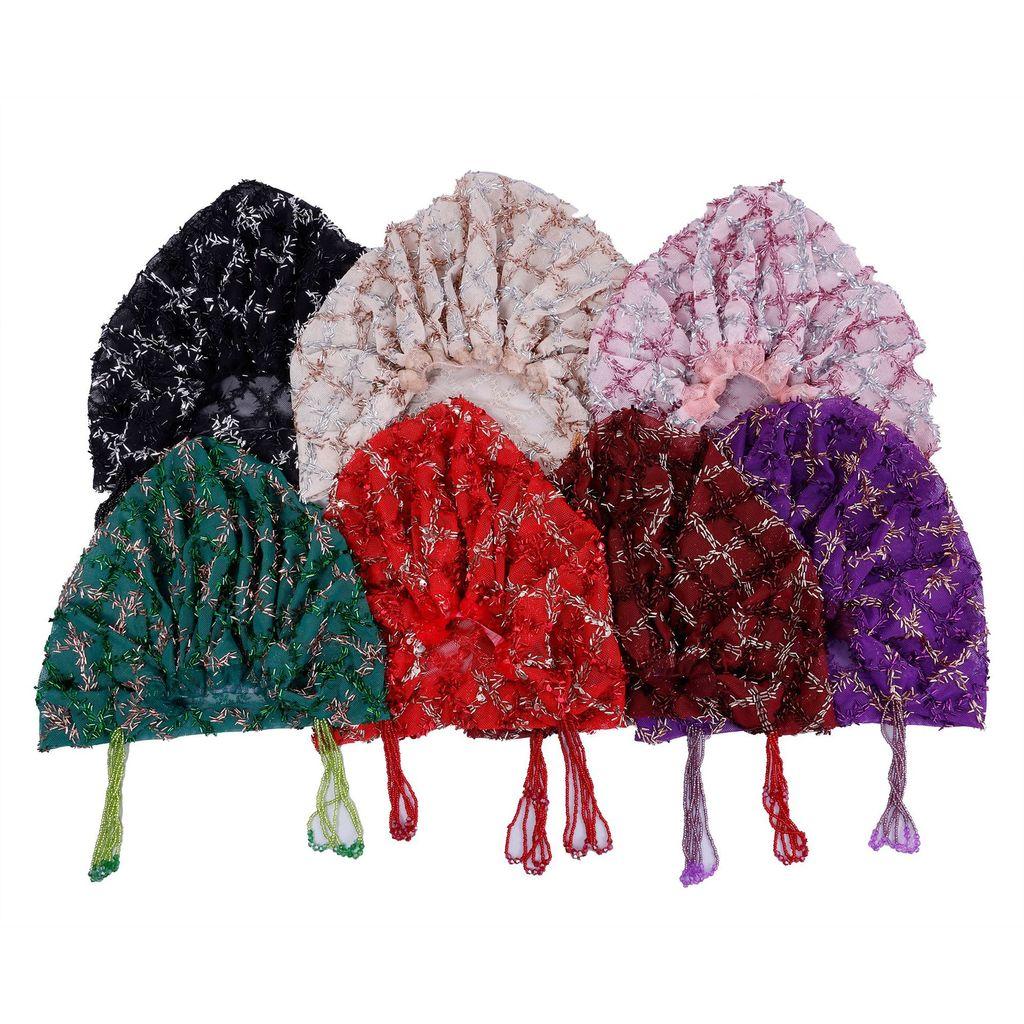 Satin Polyester Fringe Headscarf With Beaded Tassels For Fashionable Women