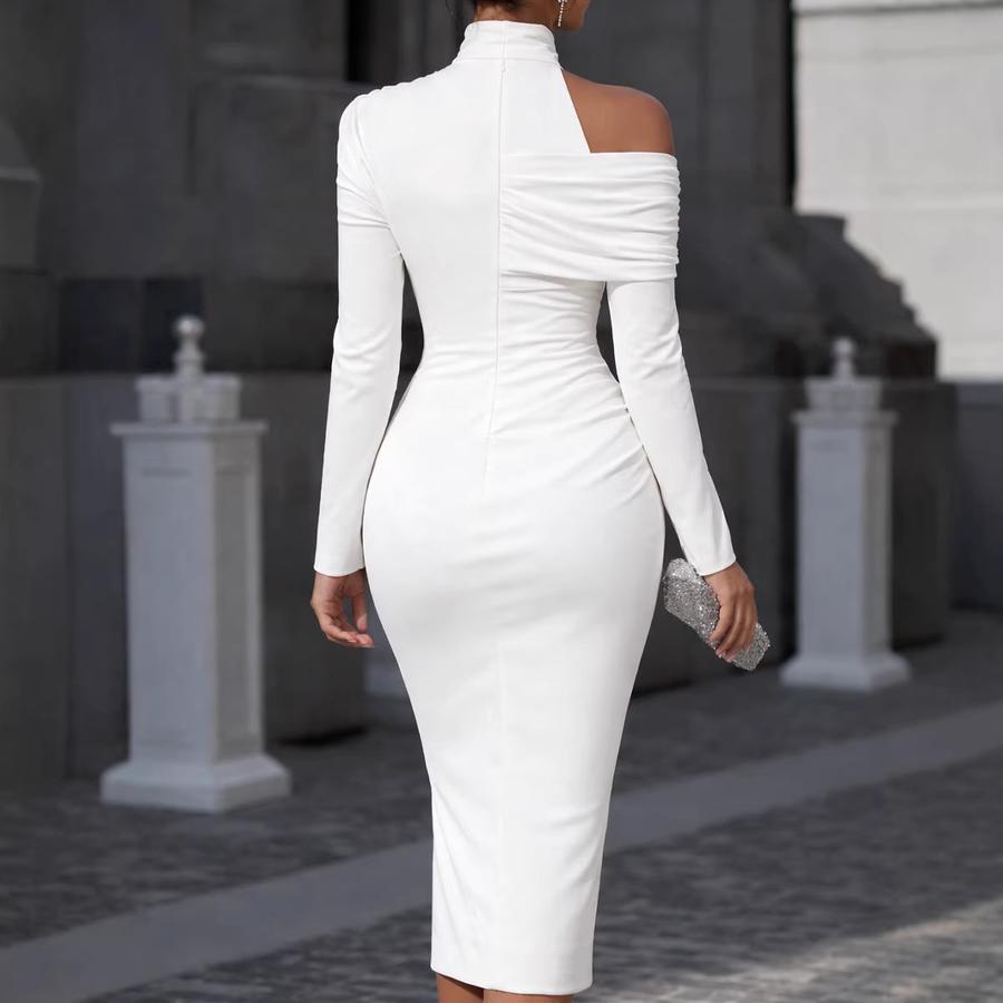 Damen Herbst Neue Kollektion Einfarbig Elegant Schlank Geschnitten Asymmetrischer Ausschnitt Rüschenkleid