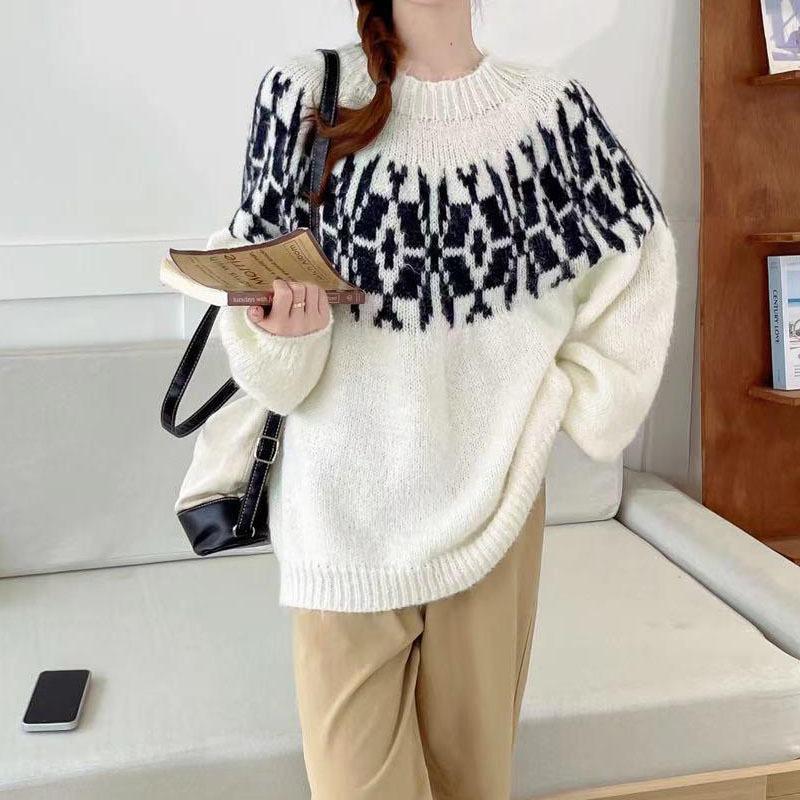 Retro Jacquard Lantern Sleeve Crew Neck Pullover Sweater Women's Lazy Wind Loose Age Reduction Autumn and Winter New Knitted Sweater