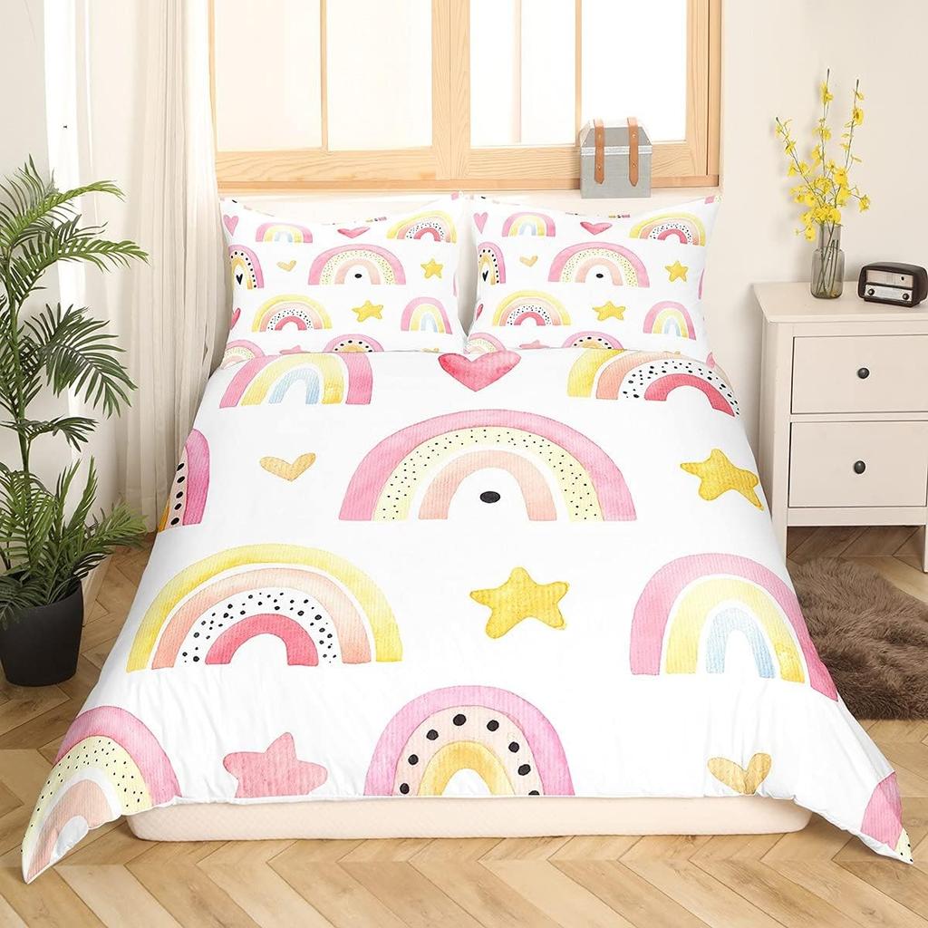 Kids Kawaii Duvet Cover Set Suitable For Girls And Boys Rainbow Moon Star Cute Cartoon Cloud Set Kids Bedroom Decoration 3Pcs