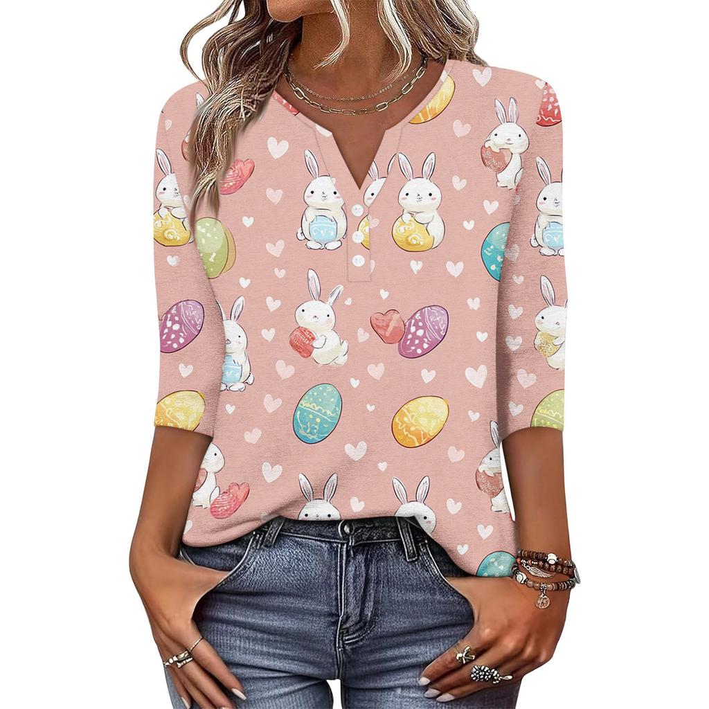 Top T-shirt de Damă la Modă și Casual cu Imprimeu Iepuraș de Paște și Ouă, Decolteu în V, Nasturi, Mânecă Trei Sferturi