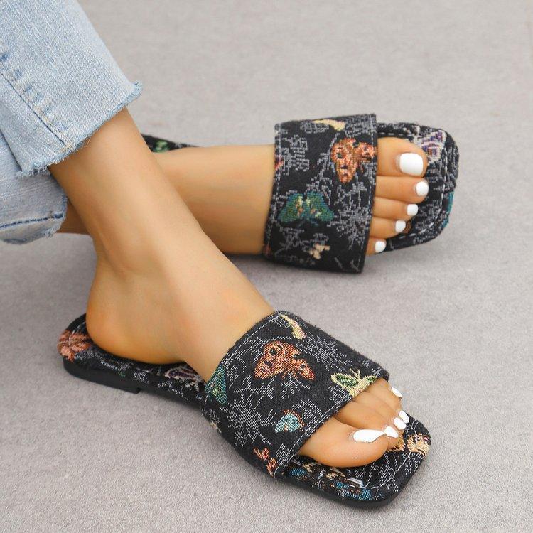 

2024 різнокольоровий вишитий метелик однословне відкриті босоніжки на плоскій підошві літні тапочки великого розміру жіноче взуття волосся 43