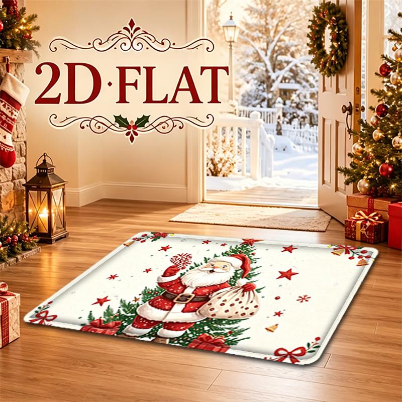 2D Printed Christmas Holiday Decor Mat, Soft Fleece Material, Cartoon Santa Claus Candy Cane Gift Bag Christmas Tree Holiday Print, Fun Carpet Machine