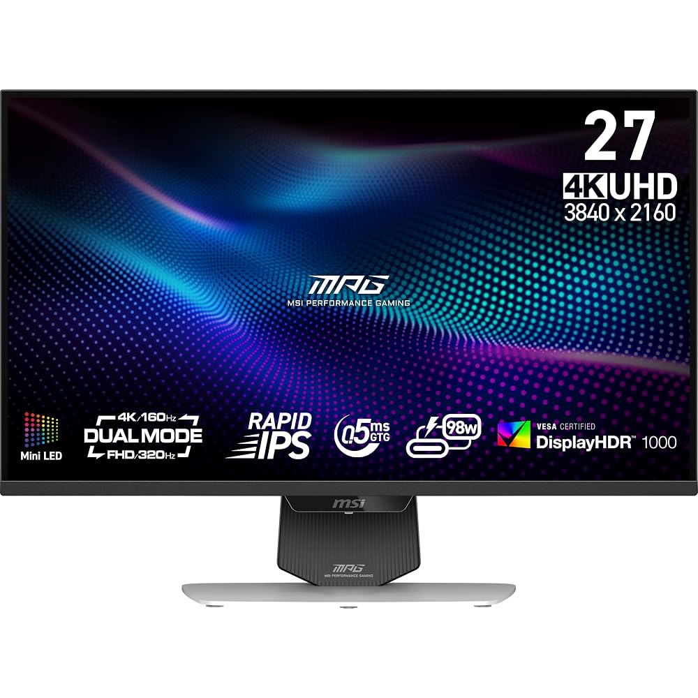 MSI MPG 274URDFW E16M 27-inch 3840 X 2160 (UHD) Gaming Monitor, 160Hz, AMD Adaptive Sync, HDR, HDMI, VGA Ports, VESA Mountable, Tilt, 4-Sided Slim Bez