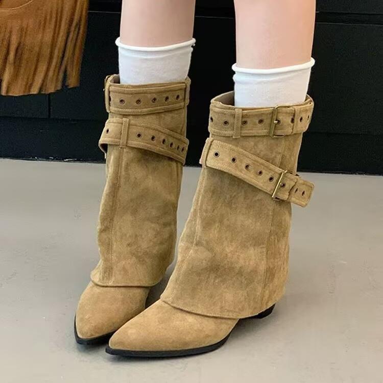 Autumn and Winter New Boots Women's Medium Boots Pointed Belt Buckle Western Trouser Tube Boots Fried Street, Martin Boots
