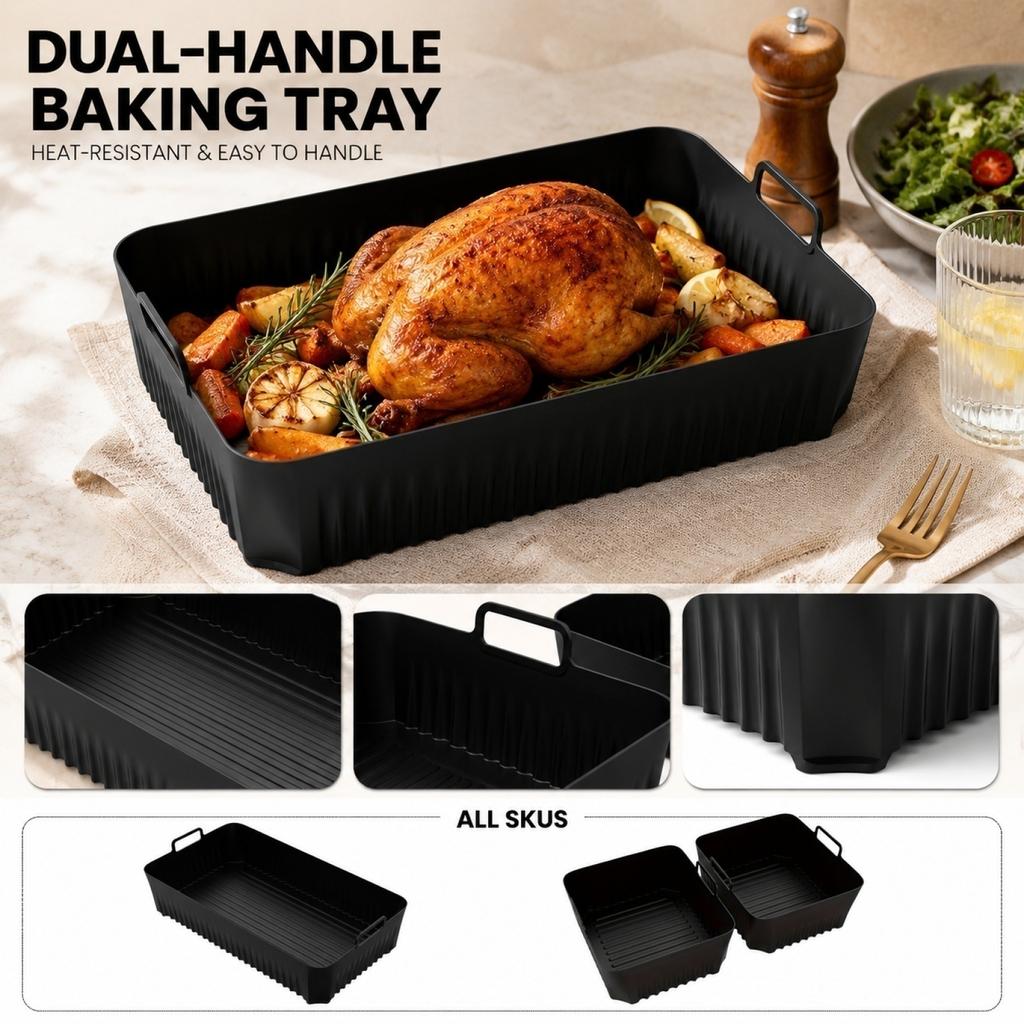 Silicone Air Fryer Liners Set of 2 Nonstick Dual Handle Reusable Baking Trays for Air Fryer Oven Microwave Dishwasher Safe Square Design