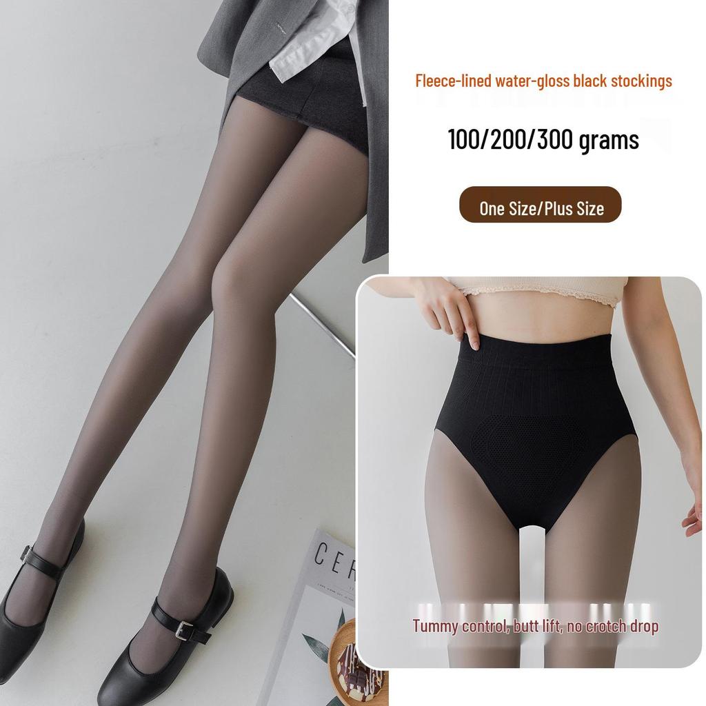 Black Silk Nude-Look Fleece-Lined Sheer Pantyhose Plus Size Leggings with Tummy Control & Hip Lift