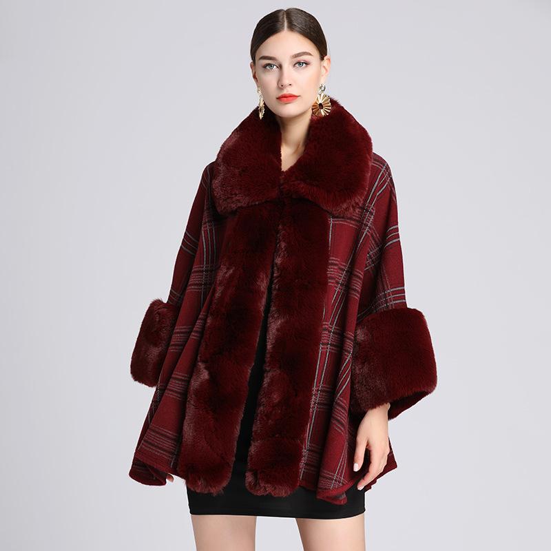 Autumn and Winter Women's Faux Otter Hair Collar Plaid Shawl Cape Large Lapel Loose Knitted Cardigan