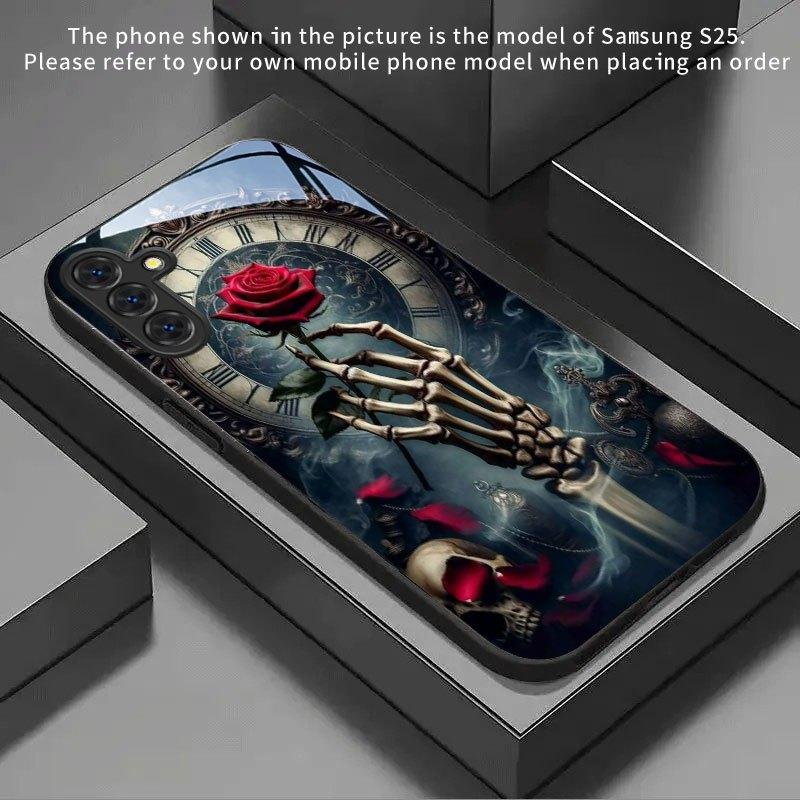 Skeleton Hand Holding Rose Pattern Tempered Glass Phone Case for Samsung Galaxy S26 S25 S24 S22 S21 S20 fe/plus/Ultra Anti Drop