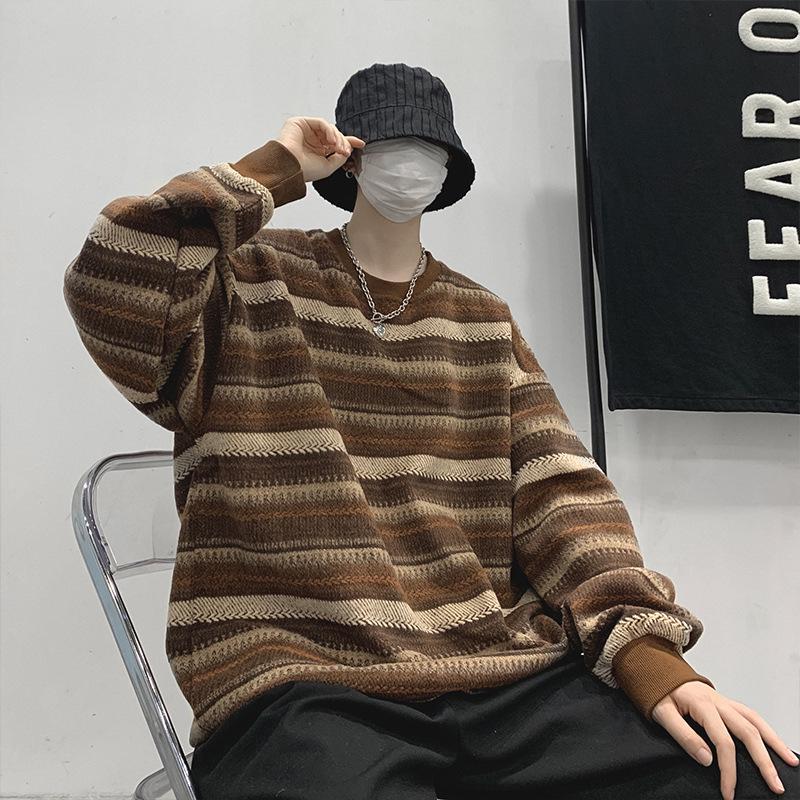 Men's Retro Striped Sweatshirt - Spring Trend Loose Fit, Round Neck, Korean Lazy Style Pullover