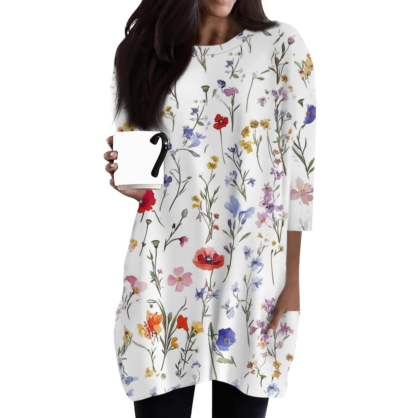 

Жіночі повсякденні сорочки з рукавом 3/4, модні туніки з принтом і кишенями XL білий