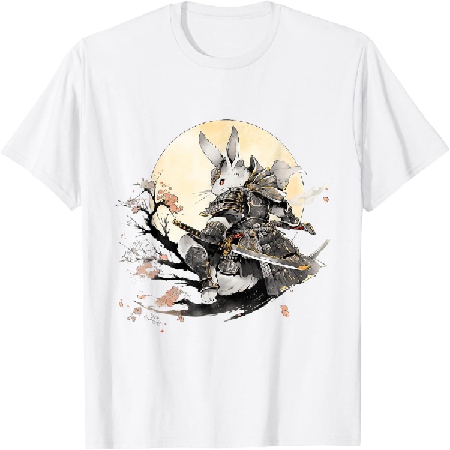 Японское искусство Кролик Ниндзя Стиль Укиё-э Аниме Самурай Кролик Футболка S белый