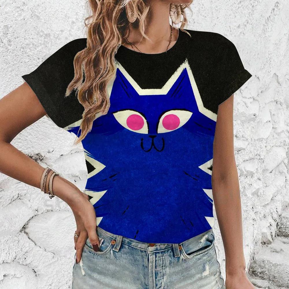 

Summer Women Fashion T-Shirt 3D Print Black Cat V-Neck Tops Tees Female Outdoor Short Sleeve Clothing Lady Vintage Outfit 3XL