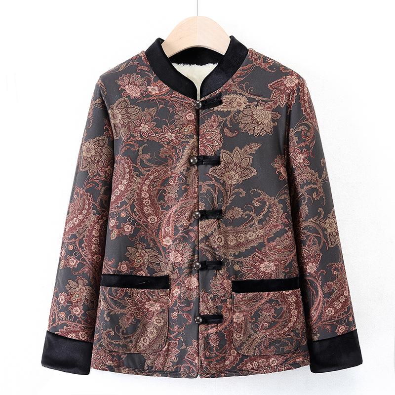 Elegant Chinese-Style Cotton Jacket for Middle-Aged Women: Stand Collar & Frog Buttons, Perfect for Autumn/Winter.