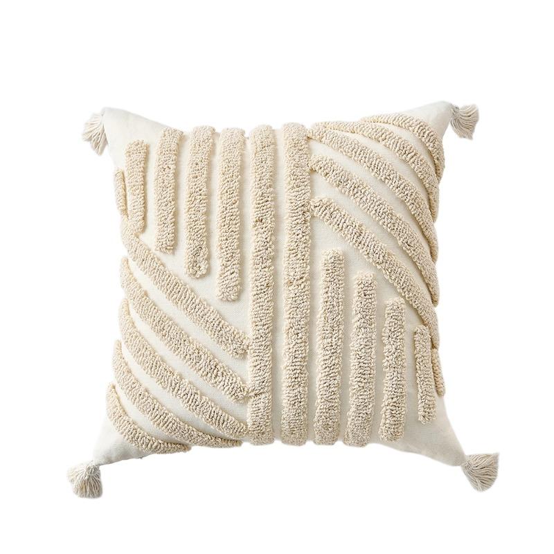 1PC LOZUJOJU Beige Soft Cushion Cover Bohemian Tassel Style Tufted Embroidered Pillowcase for Sofa Living Room Bedroom Home Decor