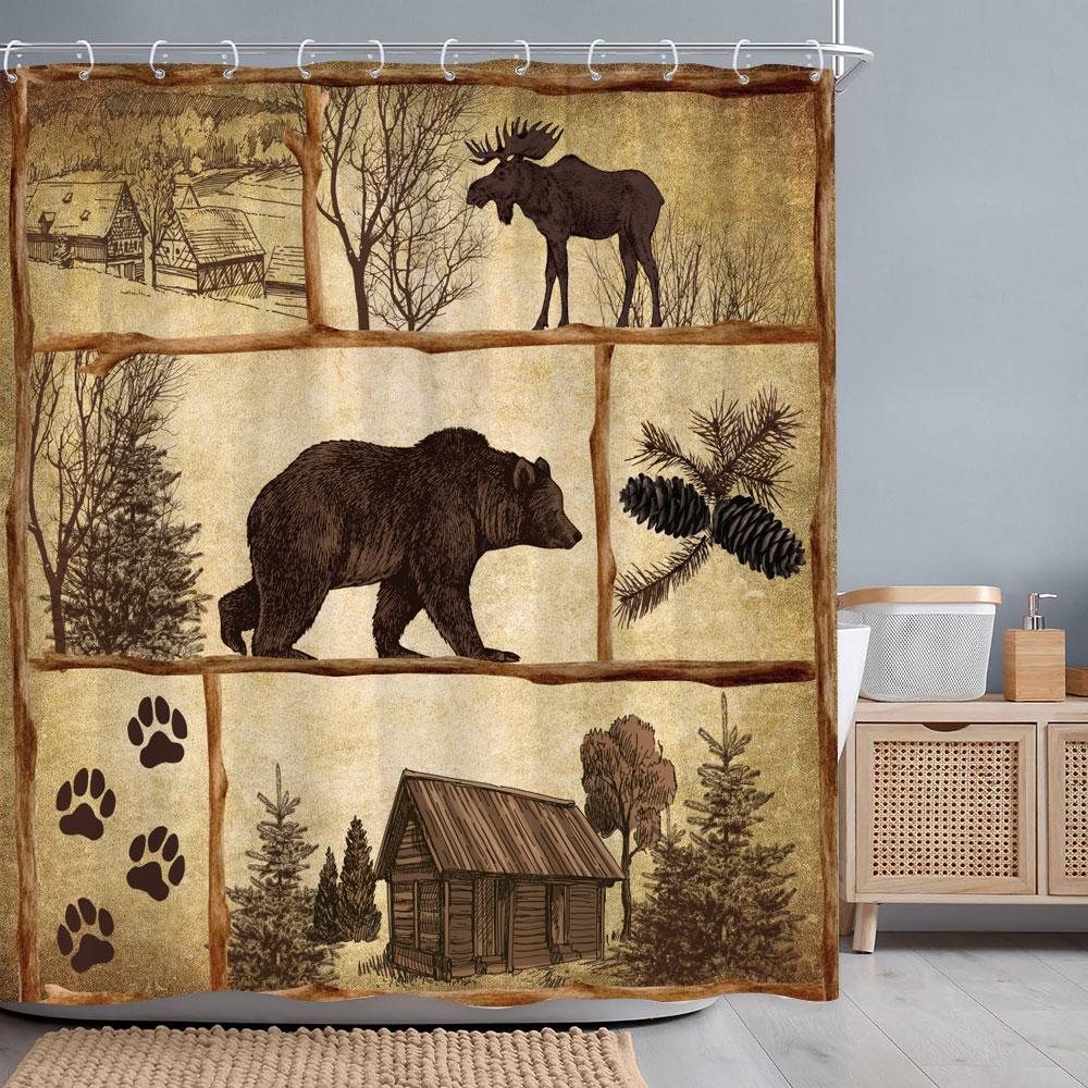 Vintage Lattice Outdoor Camping Shower Curtain Bear Deer Forest Rustic Wooden Panels Shower Curtains Bathroom Decor With Hooks