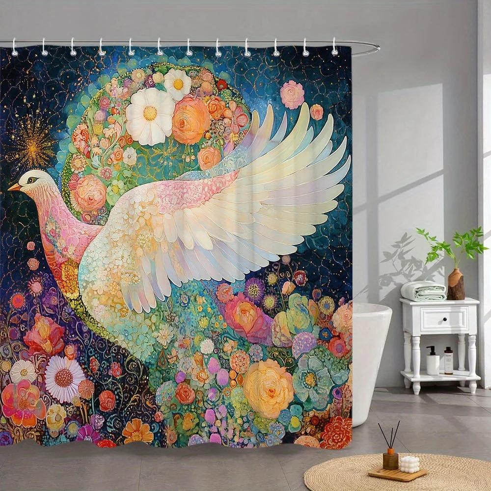

1Pc Floral Dove Shower Curtain - Majestic White & Pink Dove With Intricate Flower Patterns, Lush Colorful Garden Art Nouveau W60H190(CM)-1 Pcs