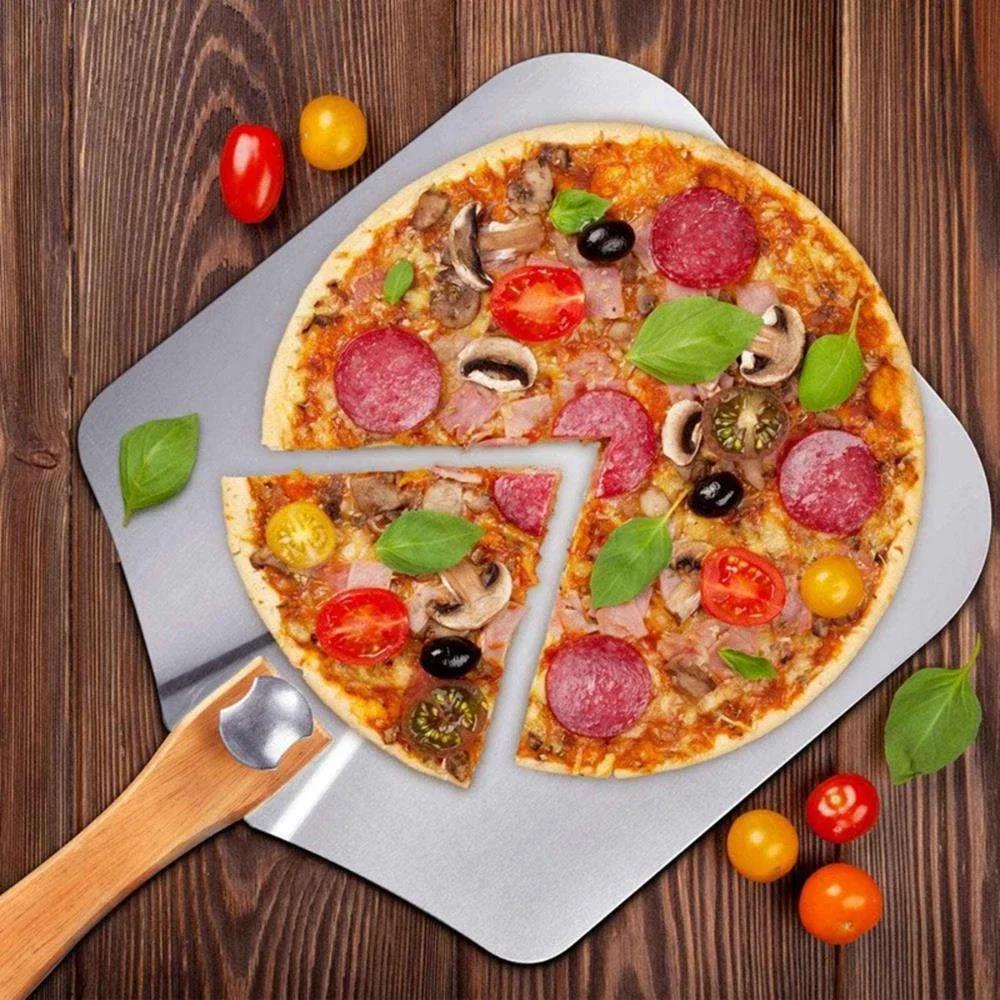 12 Inch Aluminum Pizza Paddle with Foldable Wood Handle Kitchen Transfer Plate for Homemade Baking Pizza Bread Pie Dough Tool 1