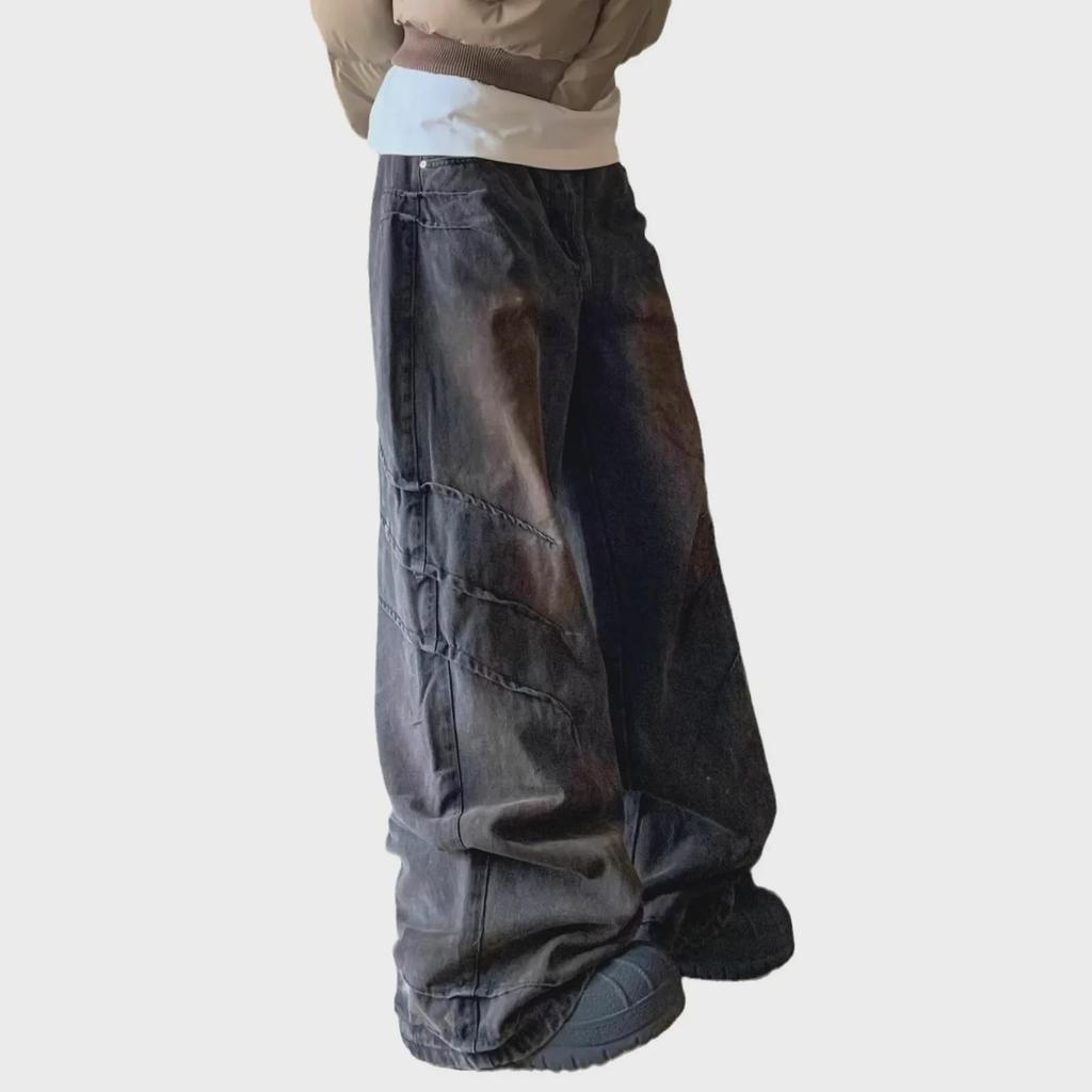 Vaqueros Unisex Americanos Retro Desgastados de Peso Pesado Wasteland: Pantalones plisados rectos holgados de pierna ancha de moda hip-hop