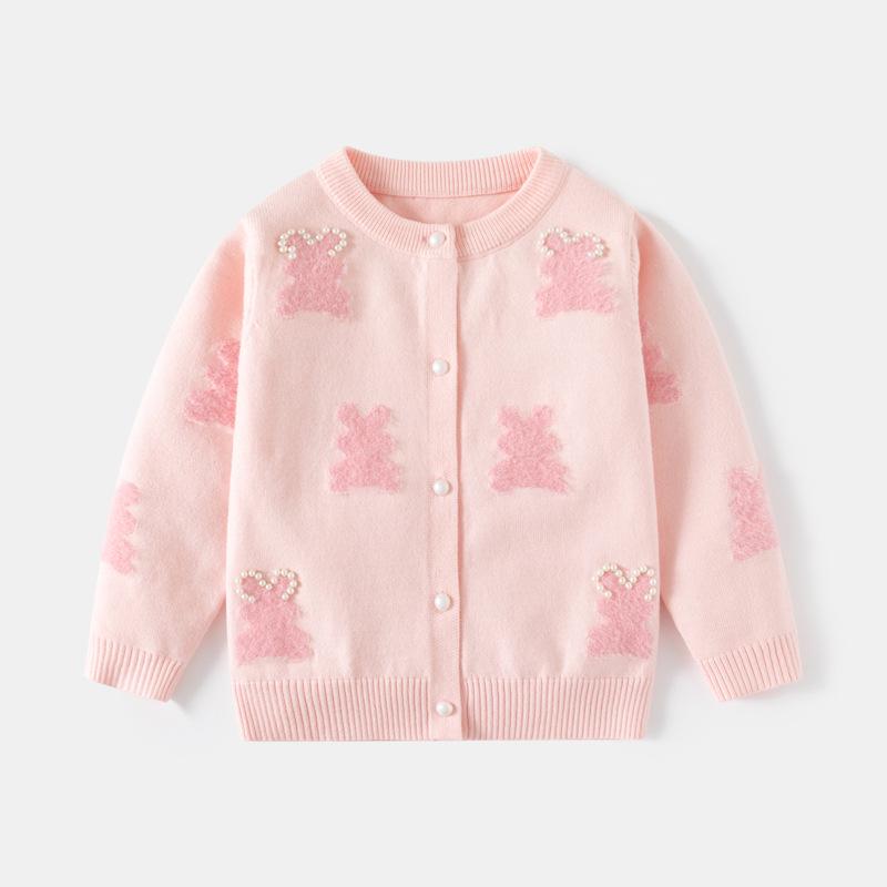 Spring Girls Beaded Rabbit Jacquard Cardigan - Korean Style Knitwear Sweater 100 (Height 90cm) светло-розовый
